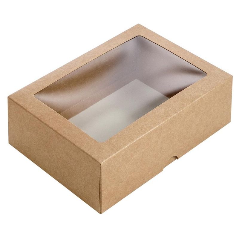 Brūna kartona kaste ar caurspīdīgu logu