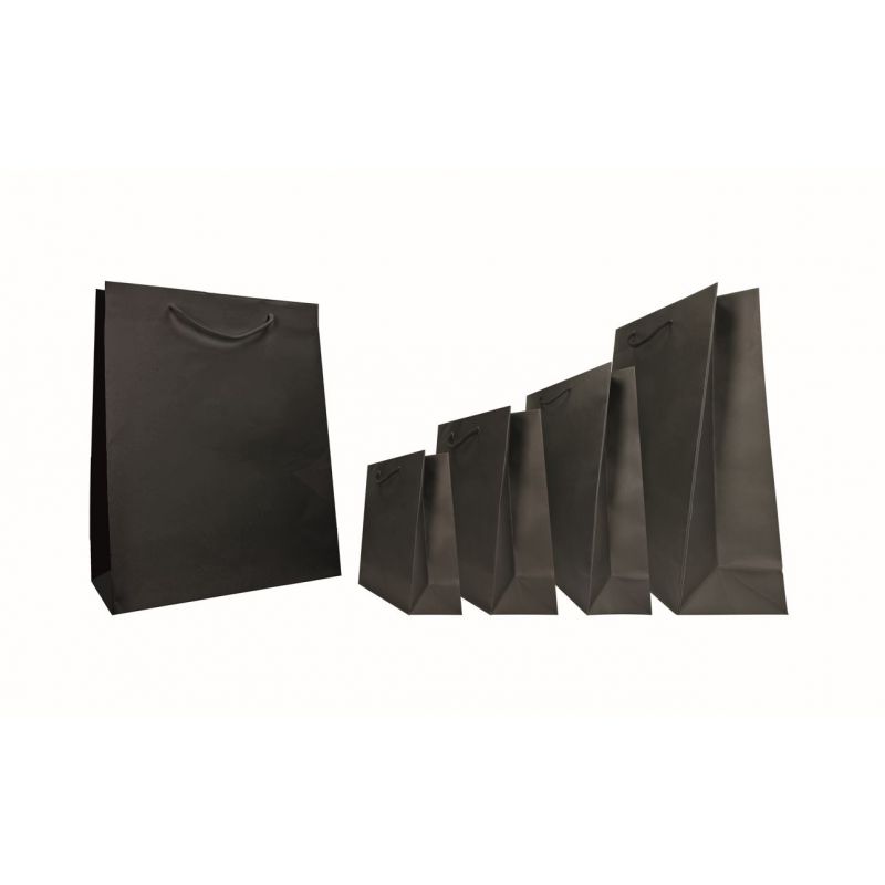 Juodas popierinis maišelis su medžiaginėmis rankenėlėmis | DEKOPAKA.LT