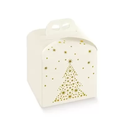 Ziemassvētku panettone kaste ar zelta krāsas eglīti