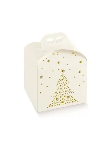 Ziemassvētku panettone kaste ar zelta krāsas eglīti